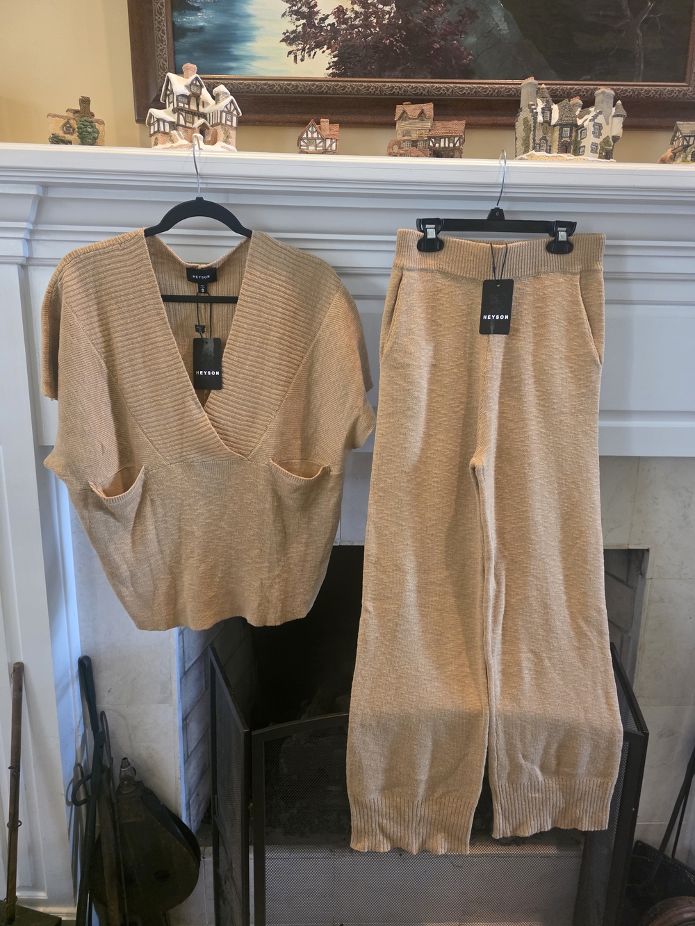 Camel Wide-Leg Knit Pants And Matching Oversized Top